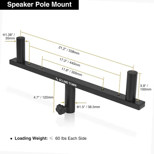 Vista 4 de Sound Town 2-Pack Set de Montaje de Poste Dual para Altavoces, Postes Extendidos de 20" para Subwoofer/Altavoces con Adaptadores M20 y 35mm