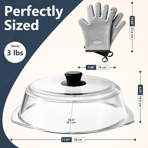 Vista 2 de Tapa protectora contra salpicaduras de microondas de vidrio para platos de comida y utensilios de cocina con guantes para horno, tapa protectora