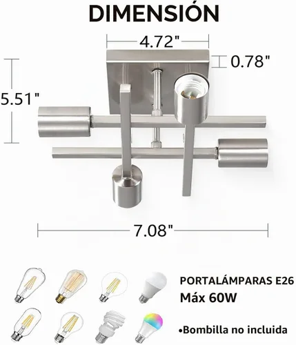 Vista 7 de Lámpara de techo semiempotrada de 4 luces, moderna lámpara de níquel cepillado cerca del techo, fácil de montar, luces de techo interiores