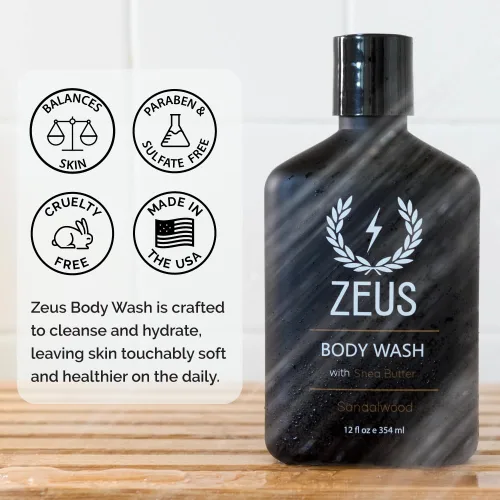Vista 4 de ZEUS Gel de baño hidratante para hombre con aceite de sándalo, aloe y manteca de karité Premium Nourishing Body Cleanser with Essential Oils for a