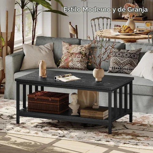 Vista 4 de Mesa de centro para sala de estar con marco de listones laterales, moderna mesa de sala de estar de granja con estante de almacenamiento de 2