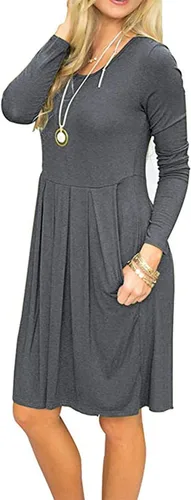 Vista 4 de AUSELILY - Vestido hasta la rodilla para mujer, de manga larga, informal y con bolsillos