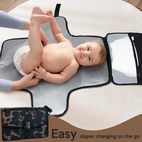 Vista 3 de Cambiador portátil para bebé, cambiador de viaje plegable con tapete impermeable de PEVA, perfecto para recién nacidos y bebés (leopardo)