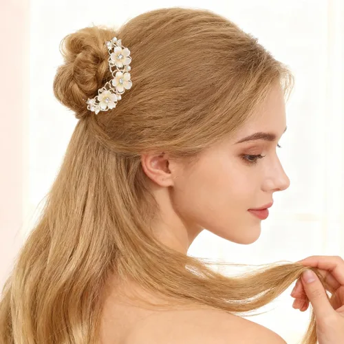 Vista 7 de 2 pinzas para el pelo de flores de perlas para mujer, horquilla francesa en forma de U, moño de metal dorado, clips para el pelo de flores