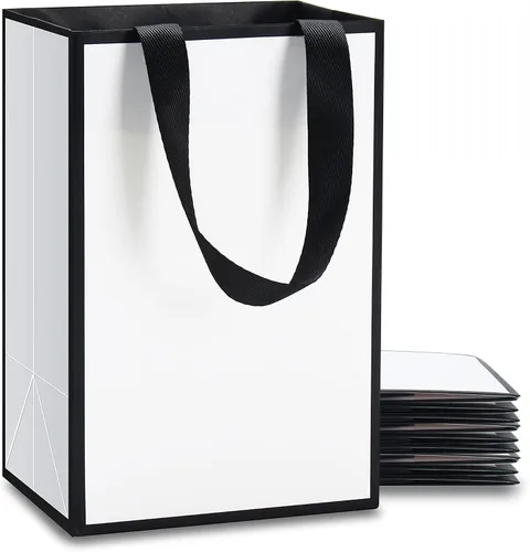 Vista 8 de Bolsas de regalo negras con asas, 10 bolsas de papel kraft de 5.25 x 3.75 x 8 pulgadas para bodas, fiestas, negocios, venta al por menor Negro