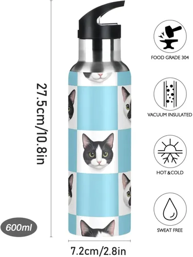 Vista 9 de Insulated Stainless Steel Water Bottle with Straw 32 Oz, BPA-Free Sport Water Bottle Insulated for Gym Outdoor Travel School, Black White Cat