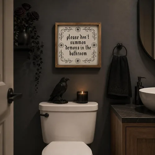 Vista 8 de flangairy Letrero de madera de 11.8 pulgadas con texto en inglés «Please Don't Summon Demons In The Bath», decoración de pared de baño de madera