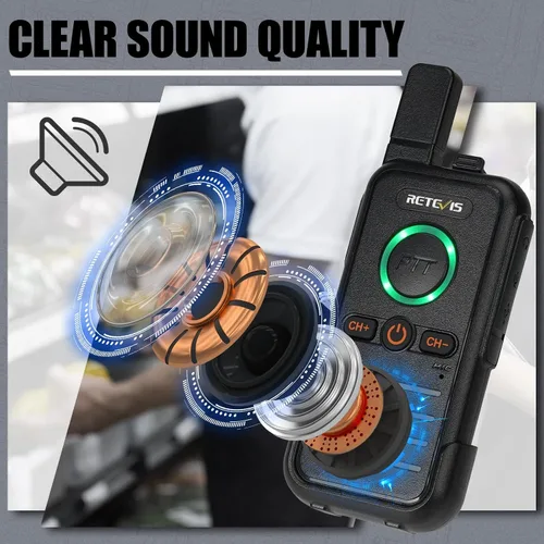 Vista 7 de Retevis RB45 Walkie Talkies - Paquete de 8 unidades, radio bidireccional recargable de largo alcance, doble PTT, indicador, sonido fuerte, mini