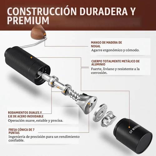 Vista 4 de Molinillo de café manual portátil con rebabas cónicas de acero