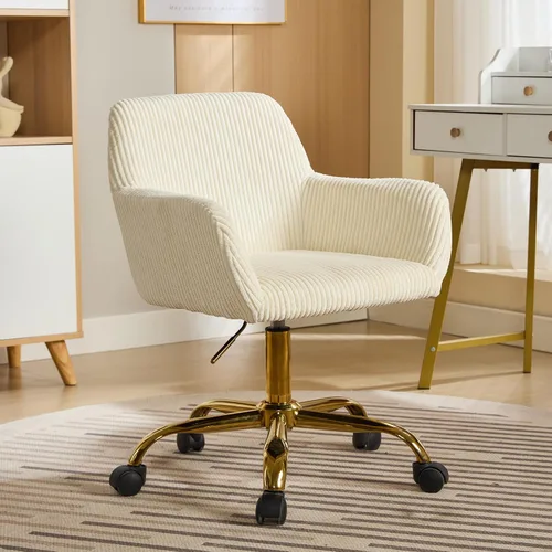 Vista 8 de KCC Silla de Tocador de Maquillaje de Tela de Pana, Sillón Giratorio Esponjoso Moderno con Ruedas, Tapizada Mullida de Altura Ajustable para Niñas