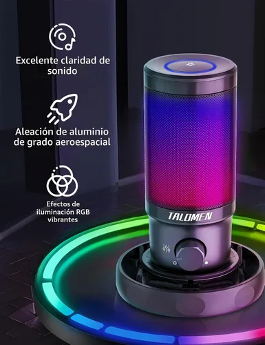 Vista 2 de talomen - Micrófono de juego para PC, kit de micrófono condensador de transmisión USB con RGB, silencio rápido, perilla de ganancia, soporte