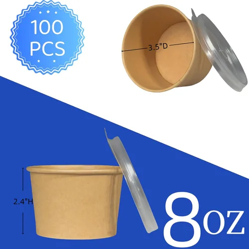 Vista 2 de Paquete de 100 recipientes de sopa de papel de 8 onzas con tapas, vasos desechables de papel kraft para alimentos, recipiente de sopa resistente