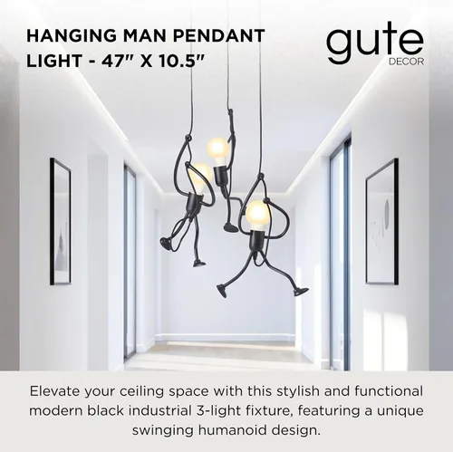Vista 2 de Lámpara colgante de hombre colgante, accesorio humanoide oscilante, techo, lámpara industrial negra moderna de montaje de 3 luces, figura de palo