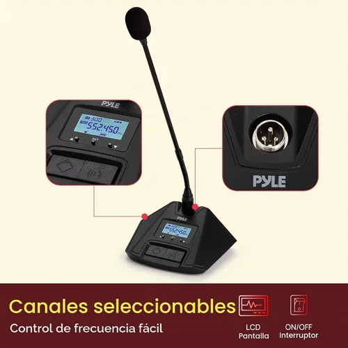 Vista 6 de Pyle Sistema de micrófono inalámbrico UHF de 4 canales con 4 micrófonos de cuello de cisne, rango de 300 pies, frecuencias seleccionables y receptor
