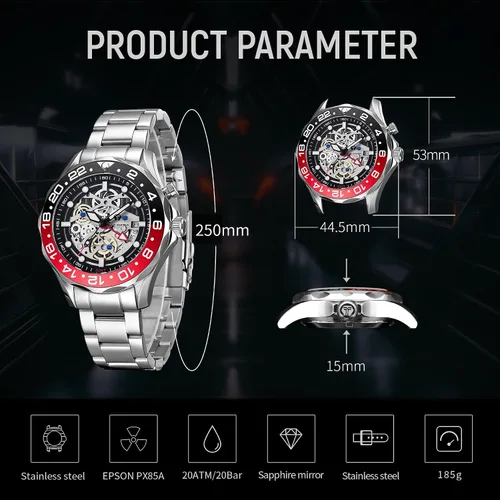 Vista 6 de TSAR BOMBA Relojes mecánicos automáticos híbridos GMT de lujo para hombres, 656.2 ft, impermeable, esqueleto japonés, movimiento de carga
