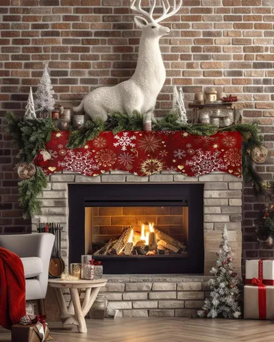 Vista 2 de Bufanda de Navidad para chimenea, copo de nieve, bufanda de mantel de Navidad, bufandas de mantel en la parte superior, bufandas blancas, rojas