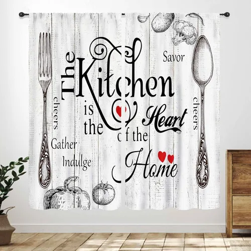 Vista 10 de Cortinas de cocina rústicas, color negro y blanco, tablón de madera con cuchillo y cuchara para barra, bolsillo para barra, tratamiento de ventana