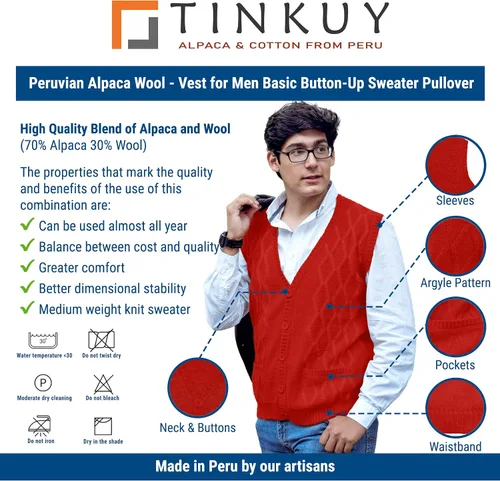 Vista 4 de TINKUY Chaleco peruano de lana de alpaca con cuello en V para hombre, S-4XL