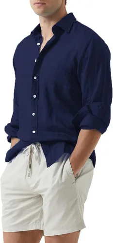 Vista 2 de JMIERR Camisa de vestir de manga larga con botones y lino de algodón para hombre