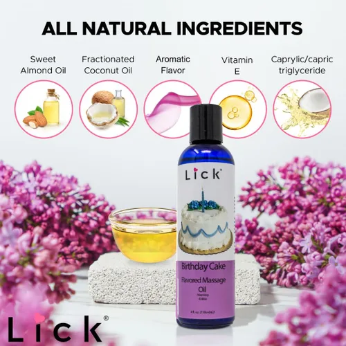 Vista 6 de Lick Aceite de masaje con sabor a pastel de cumpleaños, aceite de masaje comestible inspirado en dulces celebraciones con aceite de almendras