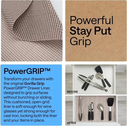 Vista 3 de GORILLA GRIP powerGRIP - Forro para estante de cajón y gabinete, agarre grueso y fuerte, forros no adhesivos que protegen armarios de cocina
