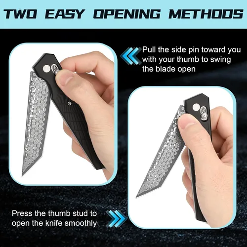 Vista 5 de AUBEY Damascus Axis Lock - Cuchillo de bolsillo con bloqueo de barra transversal de 3.46 pulgadas, cuchillos plegables con clip para hombres y Mango