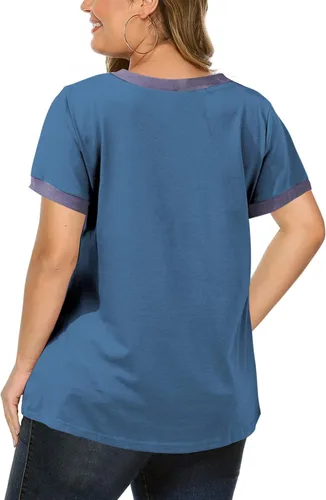 Vista 80 de Eytino Blusas de talla grande para mujer, cuello en V, manga corta, a rayas, casual, holgada, con bolsillo (1X-5X)