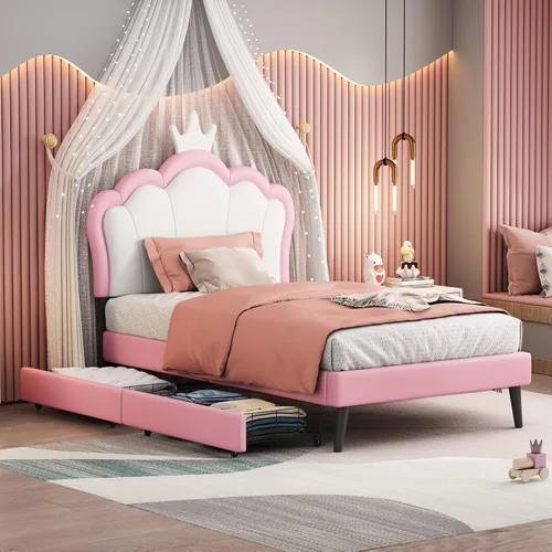 Vista 13 de Cama de plataforma, base de cama tapizada de cuero con cabecera de adorno de conejo, ideal para el dormitorio o apartamento de un niño