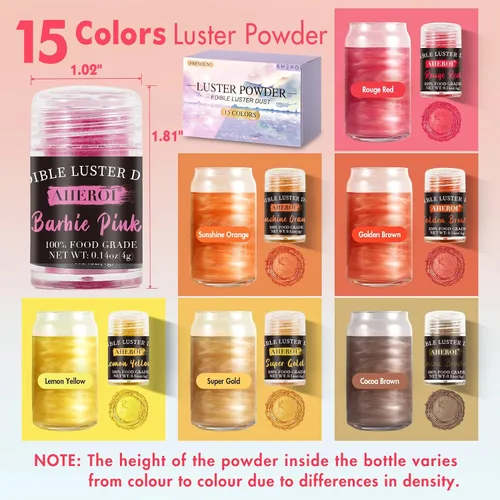 Vista 2 de Aheroi Set de purpurina comestible, 15 colores de polvo de lustre comestible, purpurina brillante para polvo de bebidas, purpurina para fondant