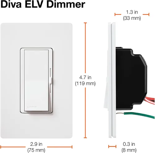 Vista 6 de Lutron DVSCELV-300P-BI Diva - Regulador electrónico de bajo voltaje de 300 vatios de un solo polo, galleta