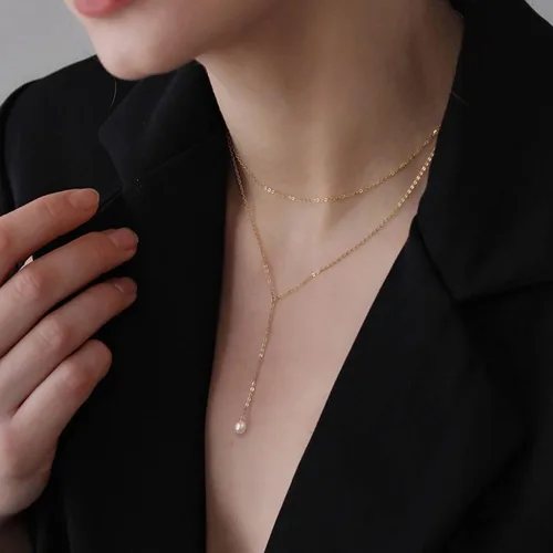 Vista 2 de Necocy Collares largos para mujer, chapado en oro de 14 quilates, collar de barra circular de perlas de circonita cúbica en forma de Y, collar