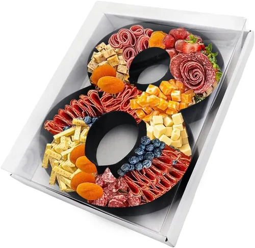 Vista 17 de Bandeja de papel rellenable de 12.5 pulgadas con números y letras de cartón, tablero de charcutería, bandeja para cupcakes dulces, caja decorativa