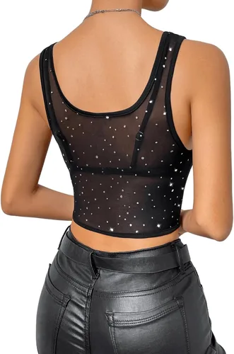 Vista 2 de Floerns Camiseta corta sin mangas de malla transparente con cuello redondo y diamantes de imitación para mujer