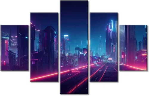 Vista 271 de Cuadros de 5 paneles de Cyberpunk City, arte de pared, representación de vallas publicitarias, edificios modernos en la capital con obras de arte