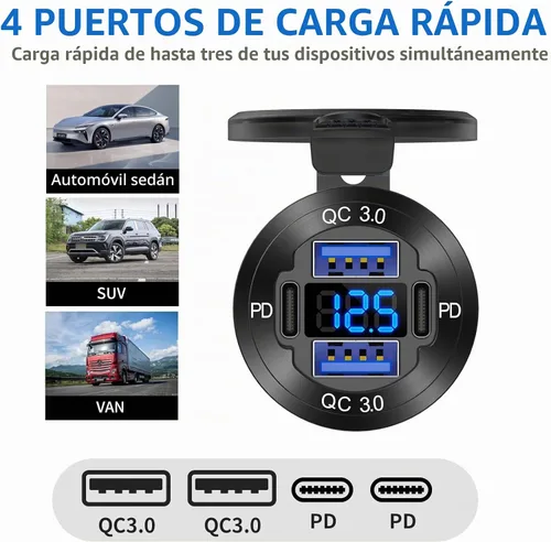 Vista 2 de Toma de corriente USB de 78 W 12 V con 4 puertos para cargador de automóvil, doble PD USB C y cargador de aluminio de doble puerto de carga rápida