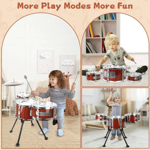 Vista 5 de Juego de Batería para Niños, Juguetes Musicales, Juego de Tambores para Niños Pequeñas de 3 a 5 Años, Kit de Tambores Jazz con Taburete, 3 Tambores