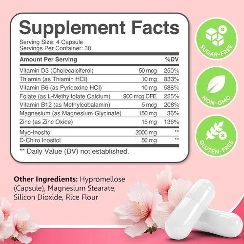 Vista 8 de Suplemento de mio-inositol y D-chiro inositol para mujeres, 120 quilates, ideal 40:1