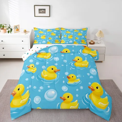 Vista 35 de Erosebridal Juego de ropa de cama a cuadros azul para niños, juego de cama individual con diseño de patos amarillos de dibujos animados, juego