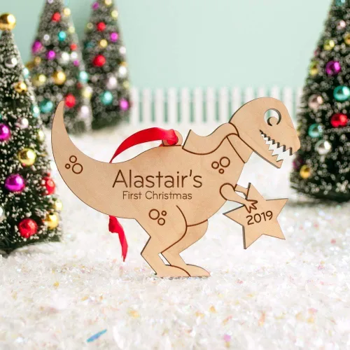 Vista 2 de Dinosaur Ornament Personalized Tyrannosaurus Rex Baby's First Christmas 2025 Wood Handmade