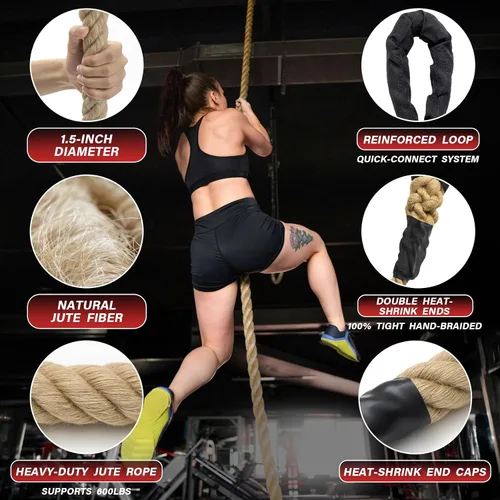 Vista 4 de Climbing Rope Gym Workout - 10FT 15FT 20FT 25FT 30FT 35FT Heavy Duty Jute Thick Ropes for Adults Strength Training Outdoor Tree Swing Indoor Home