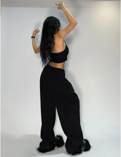 Vista 4 de Pantalones deportivos de pierna ancha para mujer, pantalones holgados Y2k de pierna recta con bolsillos, pantalones Y2K de tiro bajo