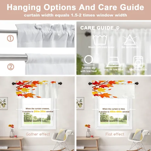 Vista 348 de Shrahala Orange Autumn Autumn Blackout Curtain Tiers, Fall Kitchen Valance Light Blocking Tier Drapes with Rod Pocket, 2 Pack 26 X 24 in