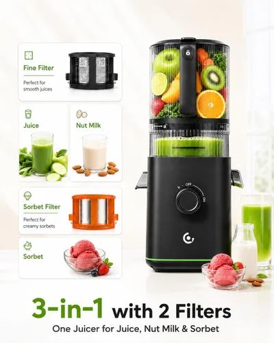 Vista 4 de AMZCHEF Exprimidor de prensa en frío, Juicer lento de autoalimentación de Negro mate