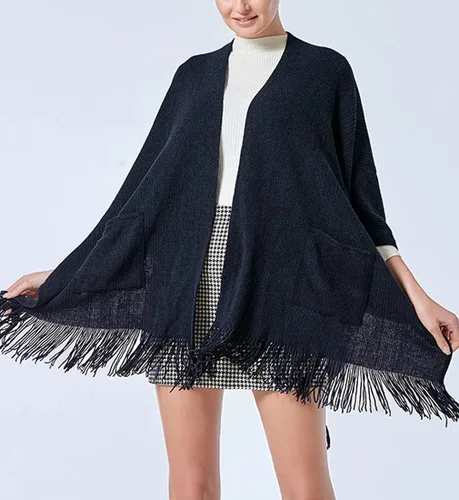 Vista 2 de Bonnorth Chal caliente para mujer, abierto Fornt Boho tejer rayas Pashmina Poncho con borla