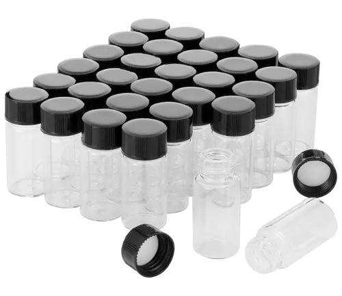 Vista 13 de Frascos de vidrio transparente de 0.2 fl oz con tapas de plástico de rosca, paquete de 100 botellas pequeñas de muestra líquida, frasco a prueba
