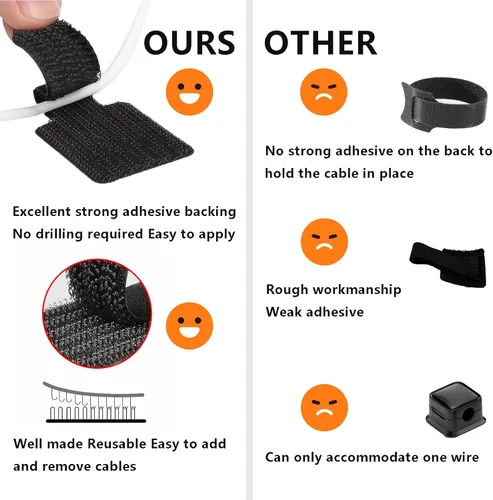 Vista 5 de Gestión de cables de escritorio, organizadores de cables para cordones - Actualización 48 PCS bridas de cable autoadhesivas negras con respaldo