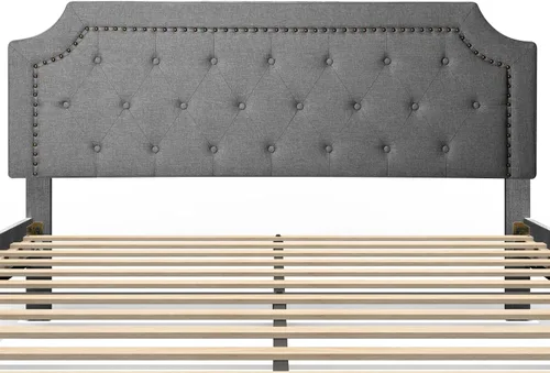 Vista 6 de BONSOIR Base de cama tapizada de color gris de tamaño matrimonial, con plataforma tradicional tapizada de perfil bajo con cabecera copetuda