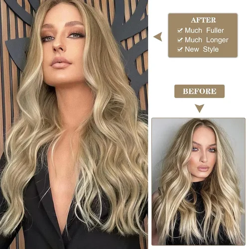 Vista 5 de WECAN Extensión de cabello con clip, de 20 pulgadas, mezcla de rubio ceniza y rubio decolorado, 6 piezas, extensiones de cabello largo ondulado