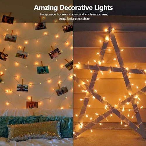 Vista 4 de ODEETRONIC Luces cálidas de Navidad - 100 bombillas, 6.6 metros de longitud, luces intermitentes y constantes transparentes, con certificación UL