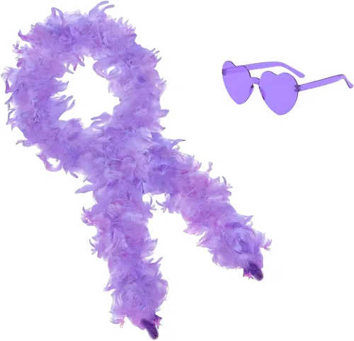 Vista 18 de Boa de plumas con lentes de sol sin montura de corazón, boa de plumas de 4 pies para despedida de soltero, Halloween, accesorio de disfraz